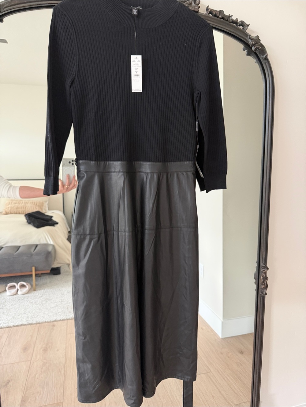 White House Black Market Black Ribbed Knit & Faux-Leather Midi Dress